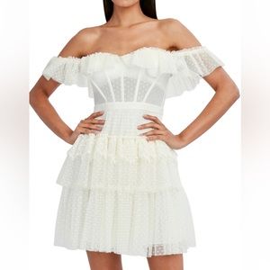 Gorgeous bodice corset dress with semisheer midsection and ruffles.